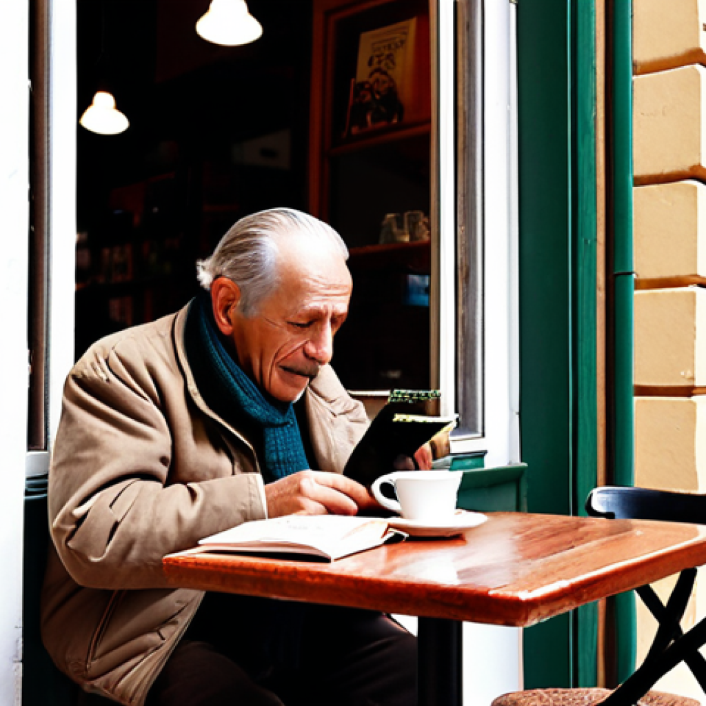**Image Prompt:** A cozy Argentinian cafe scene. An older gentleman (similar to Bob in the article) is happily birdwatching through a window while sipping coffee. In the background, a Spanish language learning book is open on a table.