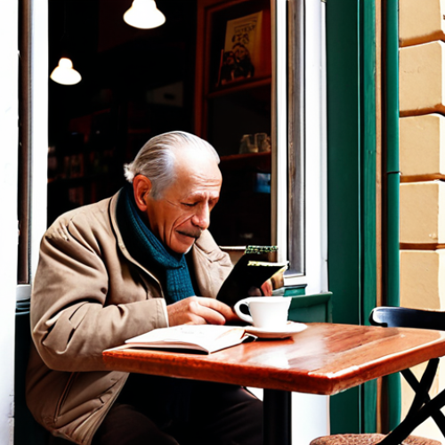 Home 11 **Image Prompt:** A cozy Argentinian cafe scene. An older gentleman (similar to Bob in the article) is happily birdwatching through a window while sipping coffee. In the background, a Spanish language learning book is open on a table.