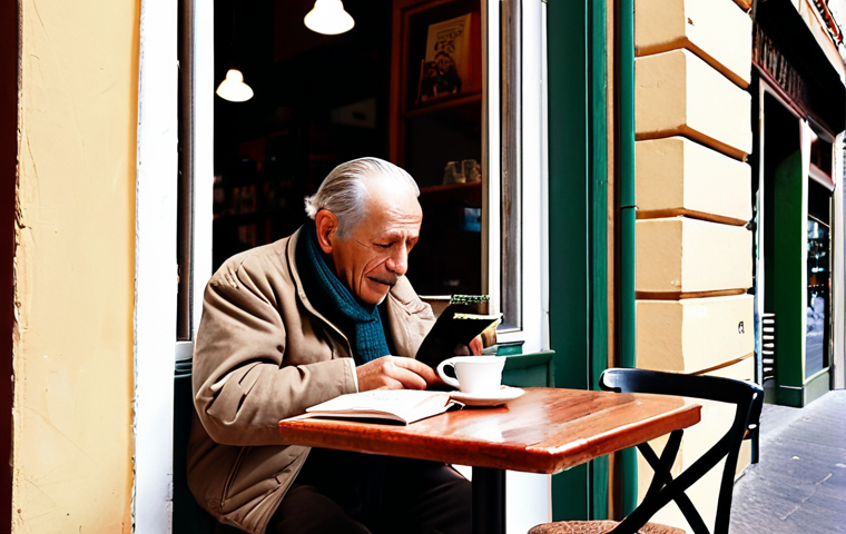 **Image Prompt:** A cozy Argentinian cafe scene. An older gentleman (similar to Bob in the article) is happily birdwatching through a window while sipping coffee. In the background, a Spanish language learning book is open on a table.