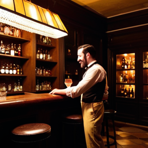 Home 6 **Image Prompt:** A dimly lit Buenos Aires speakeasy, "bare oculto," hidden behind a bookcase. Bartenders in suspenders craft cocktails under warm lighting. Patrons whisper and laugh in a sophisticated, vintage-inspired setting. Focus on the exclusivity and clandestine atmosphere.