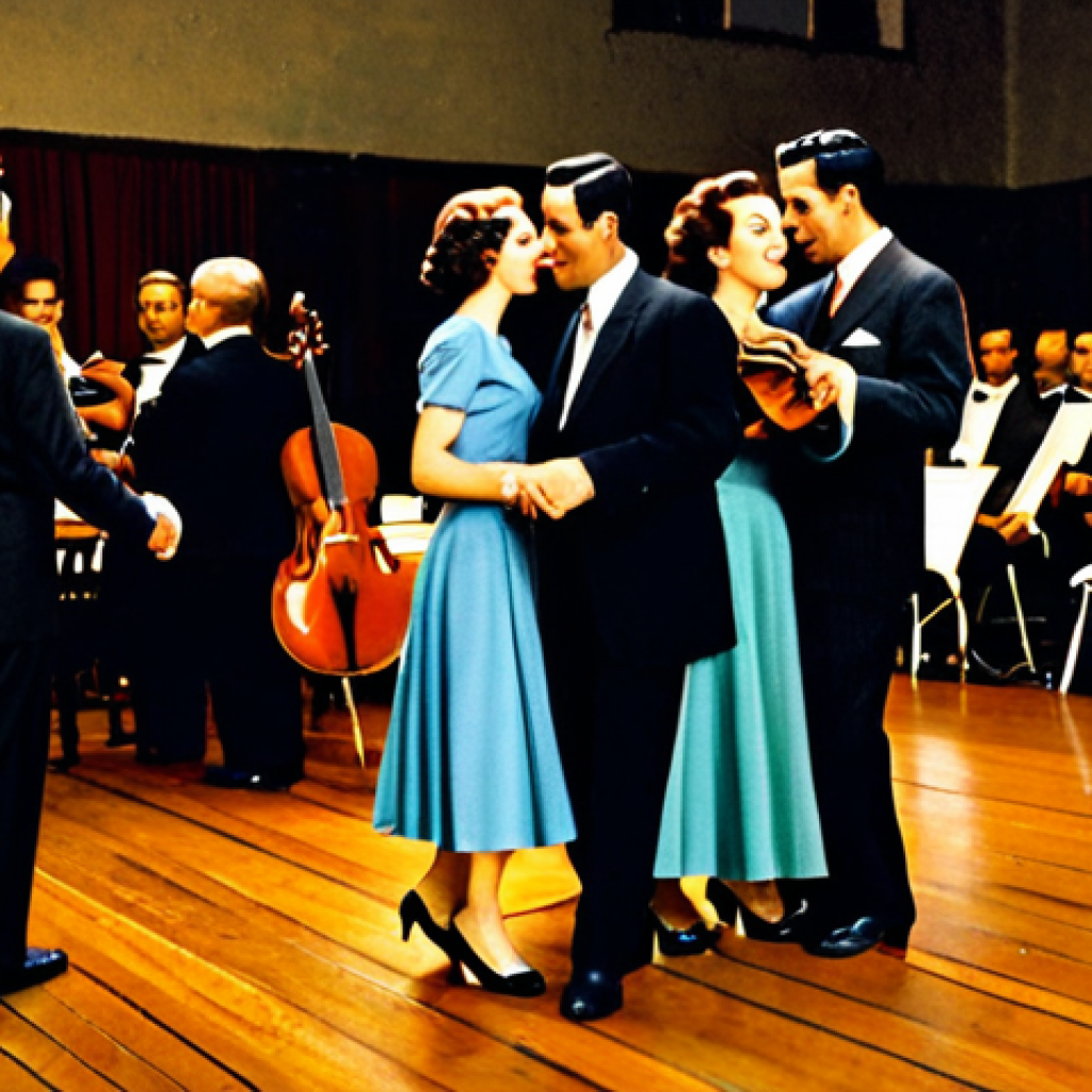 A Vintage Milonga Scene**
"A bustling milonga in Buenos Aires, 1940s. Couples dancing the Tango on a wooden floor, illuminated by warm, vintage lighting. Women in elegant, flowing dresses and men in sharp suits. Musicians playing bandoneons and violins in the background. Capture the atmosphere of passion and nostalgia. safe for work, appropriate content, fully clothed, professional photography, perfect anatomy, natural proportions, family-friendly"
**