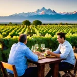 아르헨티나 와인 투어 추천 - **Mendoza's Golden Hour Vineyard Feast:** "A picturesque, sun-drenched vineyard scene in Mendoza, Ar...