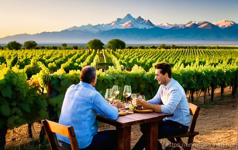 아르헨티나 와인 투어 추천 - **Mendoza's Golden Hour Vineyard Feast:** "A picturesque, sun-drenched vineyard scene in Mendoza, Ar...