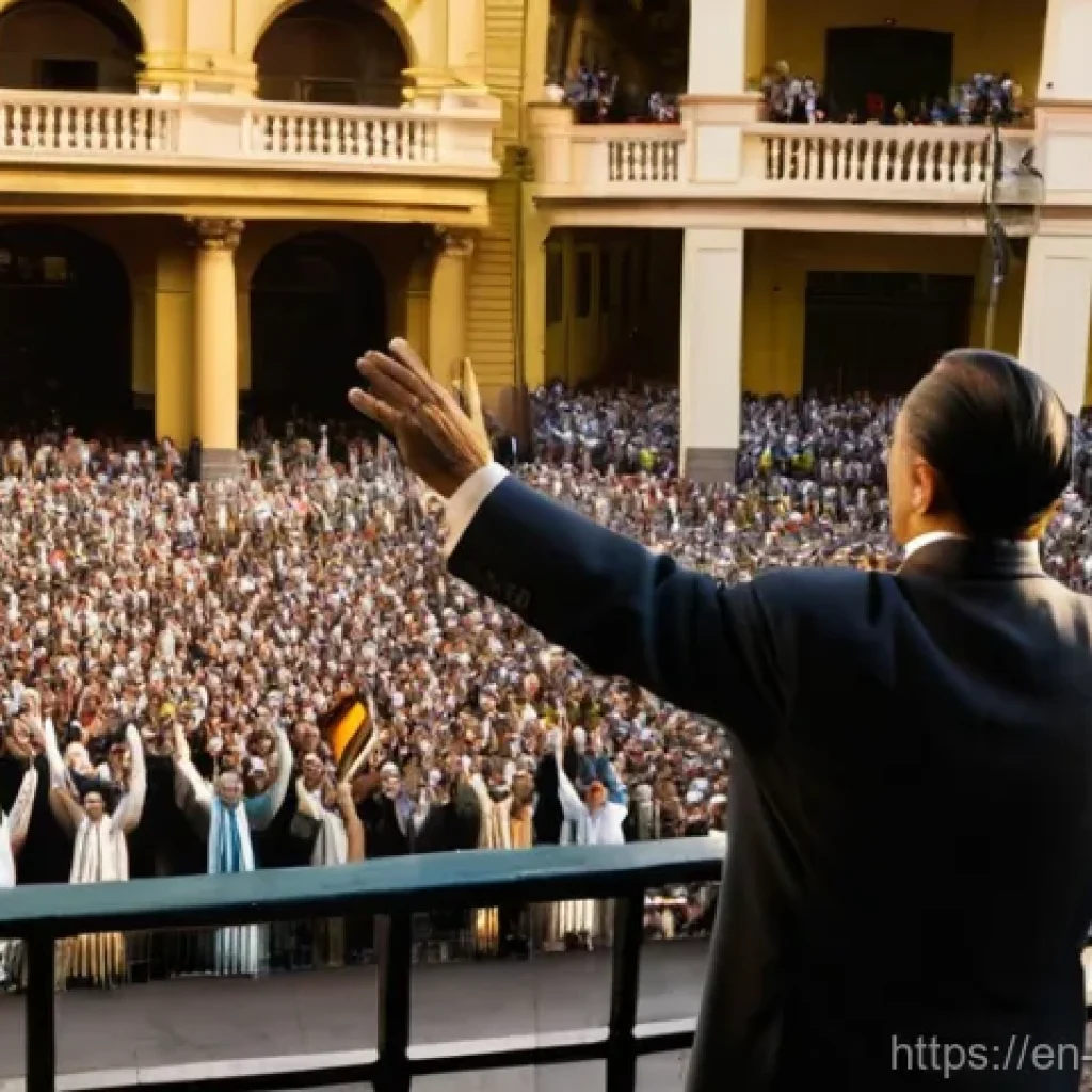 후안 페론과 에비타 페론 이야기 - **Prompt:** "A vibrant, panoramic view of Juan Perón addressing a massive, enthusiastic crowd from a...