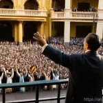 후안 페론과 에비타 페론 이야기 - **Prompt:** "A vibrant, panoramic view of Juan Perón addressing a massive, enthusiastic crowd from a...