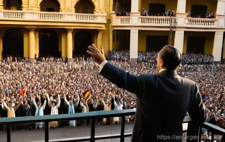 후안 페론과 에비타 페론 이야기 - **Prompt:** "A vibrant, panoramic view of Juan Perón addressing a massive, enthusiastic crowd from a...