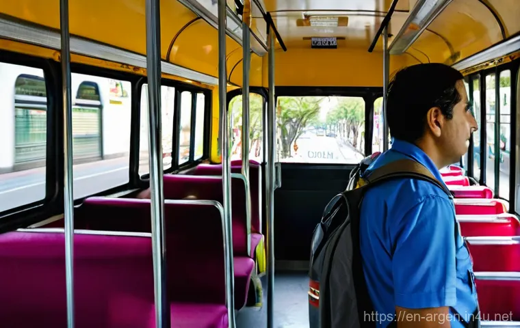 아르헨티나 대중교통 이용법 - **"The Golden Ticket: SUBE Card on a Colectivo"**
A vibrant, eye-level shot inside a colorful Bu...