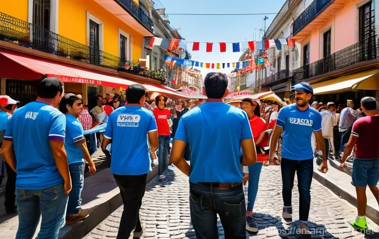 아르헨티나 리그 축구 관람 팁 - **A vibrant street scene in Buenos Aires before a football match, depicting the festive pre-game atm...