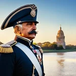 마누엘 벨그라노와 아르헨티나 국기 - **Prompt:** A historical illustration depicting General Manuel Belgrano standing proudly on the bank...