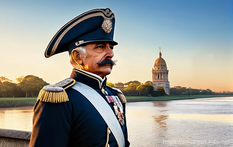 마누엘 벨그라노와 아르헨티나 국기 - **Prompt:** A historical illustration depicting General Manuel Belgrano standing proudly on the bank...