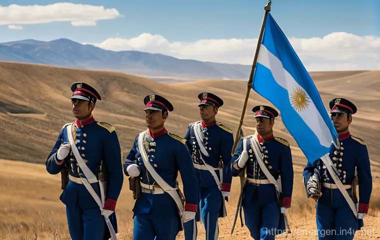 마누엘 벨그라노와 아르헨티나 국기 - **Prompt:** A historical illustration depicting General Manuel Belgrano standing proudly on the bank...