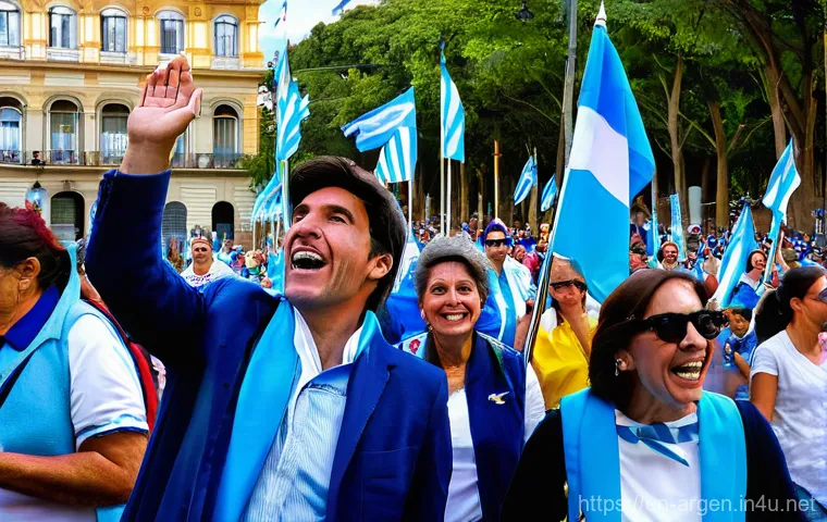 마누엘 벨그라노와 아르헨티나 국기 - **Prompt:** A dynamic and inspiring scene featuring a diverse group of Argentinian revolutionary sol...