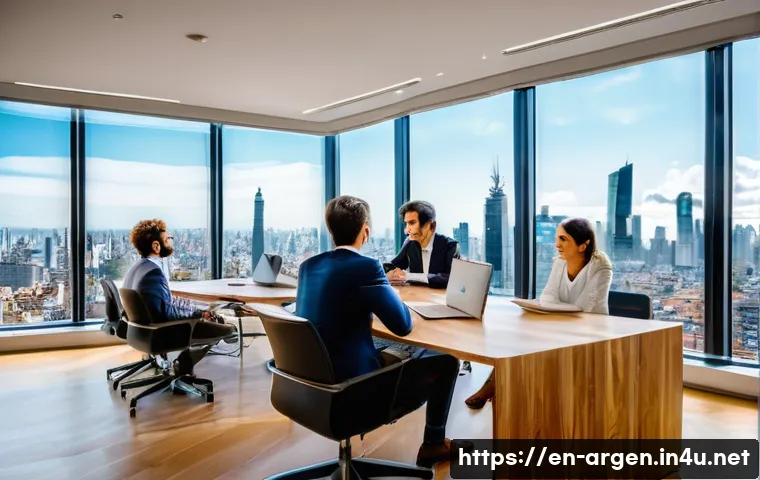 아르헨티나 이민 및 비자 정보 - A professional office scene in Buenos Aires showing a diverse group of foreign professionals collabo...