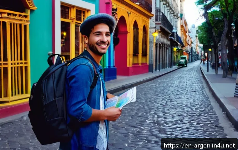아르헨티나에서 피해야 할 사기 유형 - A bustling Buenos Aires street scene at dusk featuring a wary tourist politely declining an overly f...