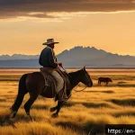 아르헨티나 소고기 역사와 맛집 - A rugged Argentine gaucho riding a sturdy horse across the expansive pampas at sunset, wearing tradi...
