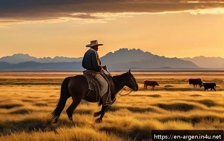 아르헨티나 소고기 역사와 맛집 - A rugged Argentine gaucho riding a sturdy horse across the expansive pampas at sunset, wearing tradi...