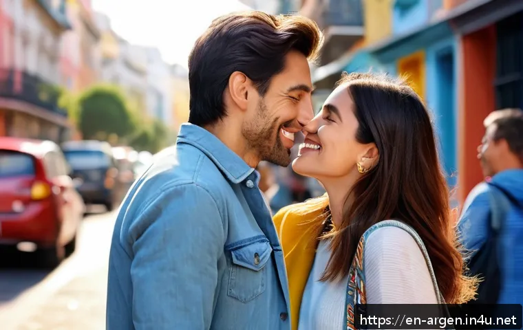 아르헨티나 문화 차이와 주의할 점 - A warm and friendly Argentine social greeting scene showing two adults exchanging a single kiss on t...