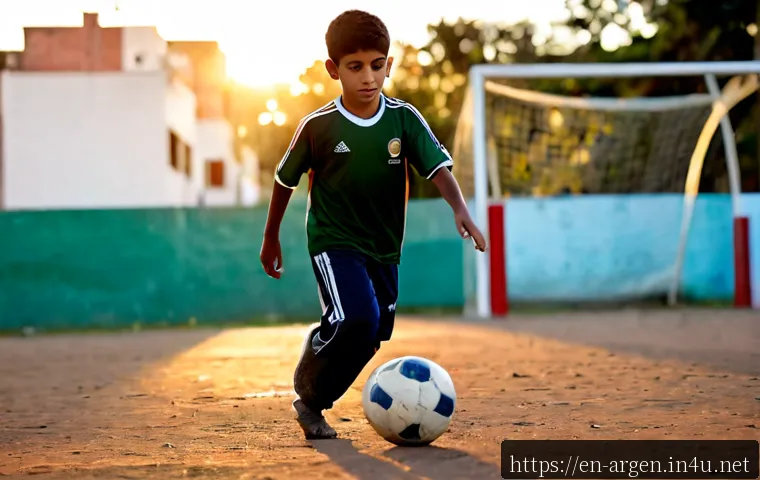 리오넬 메시 생애와 커리어 - Photorealistic documentary-style scene of a young Argentine boy practicing football alone on a modes...