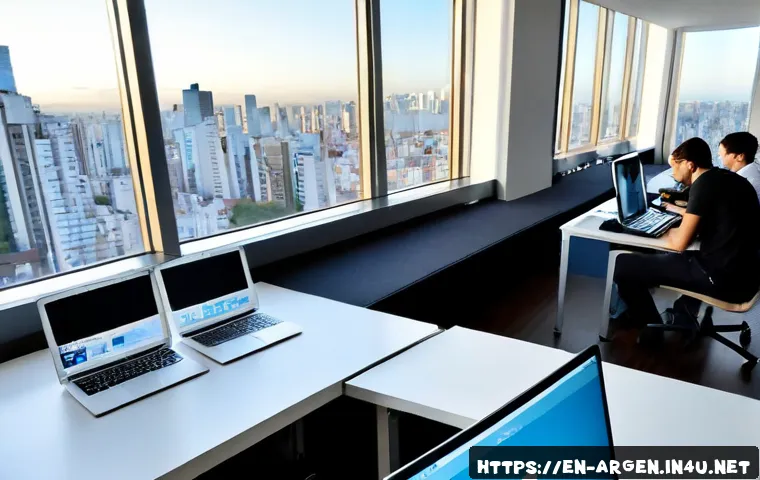아르헨티나의 기술 및 IT 산업 전망 - Photorealistic wide-angle view of a modern technology workspace in Buenos Aires, Argentina, diverse ...