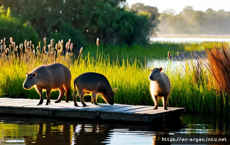 아르헨티나에서 야생 동물 보호 구역 탐방 - Photorealistic wildlife sanctuary exploration in the Argentine wetlands, a capybara family standing ...